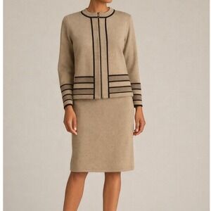 Vintage Eric Steven 2-Piece Knit Sweater Skirt Set Tan Beige Black Trim 80s